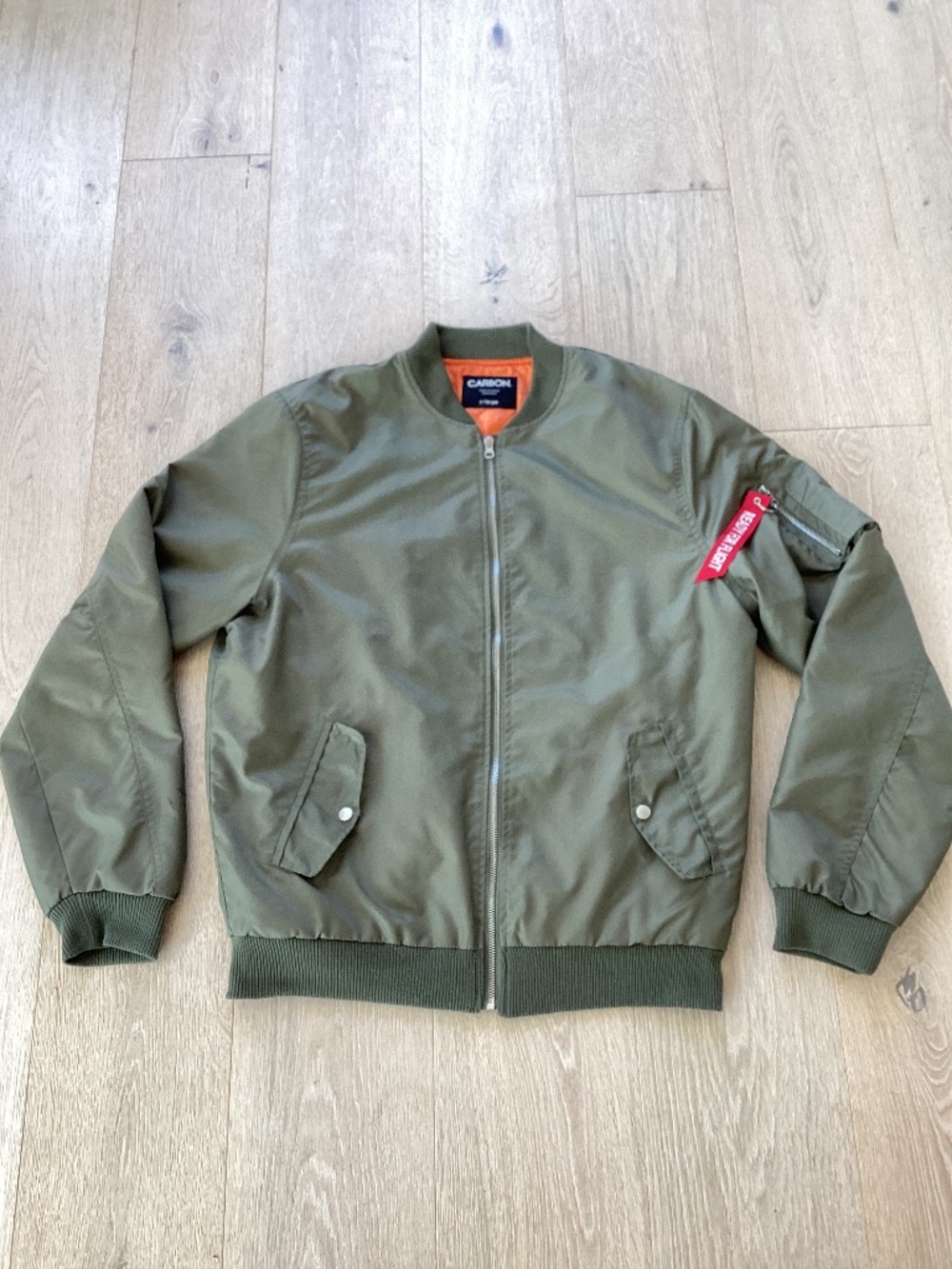 Carbon olive green orange lining man’s xl bomber jacket aviation flight Y2K vtg